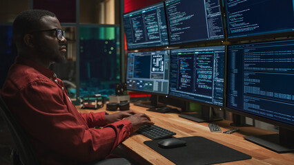 Black Cyber Security Specialist Coding on Desktop Computer With Six Monitors in Dark Office....