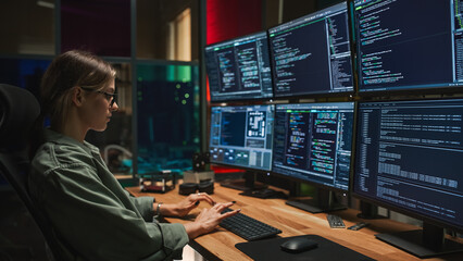 Female Cyber Security Specialist Writing Code On Deskop Computer with Six Displays in Dark Office....