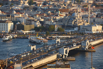 Fototapeta premium Vehicle and maritime traffic in Galata bridge strait. Istanbul, Turkey