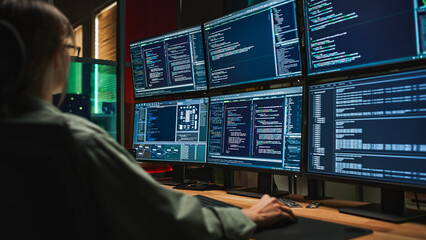 Female Cyber Security Student Coding on Desktop PC With Six Monitors Setup in Dark Office. Caucasian Woman Finishes Internship for Big IT Company. Monitoring Protection System, SAAS Server Data.
