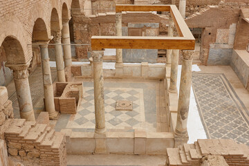 Ancient Ephesus archeological site. Terrace houses interior. Reconstruction works. Turkey