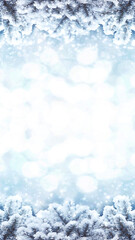 Screensaver wallpaper for smartphone with winter background. Christmas, New Year's composition with fir snow-covered branches and blurry garland lights. Banner 2023.
