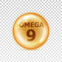 Omega 9. Set fish fatty. Vitamin isolated on transparent background. Nutrient icon. Yellow orb pil. Big shape glass circle. Oil 3d bubble. Round sphere concentrate nutrition. Vector illustration
