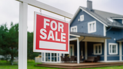 Close Up of a Red Real Estate Property for Sale Flopping in the Wind. Background with a Big Blue...