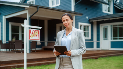 Portrait of a Beautiful Real Estate Agent Holding Tablet Computer, Looking at Camera and Smiling. Multiethnic Realtor Standing in Front of Residential Property.