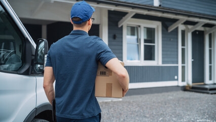 Young Man Working in Delivery Services. Mailman Taking Out a Cardboard Box From a White Delivery Vehicle and Bringing the Box to the Homeowner.