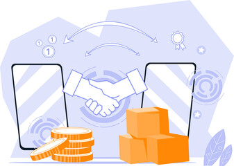 Concept of online transactions and dropshipping. Exchange money and goods online. Contract, deal and business partnership conclusion online.