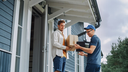 Handsome Young Homeowner Receiving an Awaited Parcel from a Cheerful Courier. Postal Service Worker Comes to the House to Make a Door to Door Delivery and Get a POD Signature on Tablet.