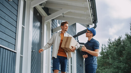 Handsome Young Homeowner Receiving an Awaited Parcel from a Cheerful Courier. Postal Service Worker Comes to the House to Make a Door to Door Delivery and Get a POD Signature on Tablet.