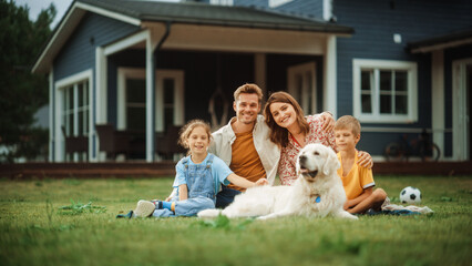 Portrait of a Happy Young Family Couple with a Son and Daughter, and a Noble White Golden Retriever...