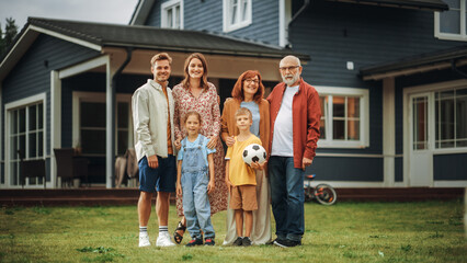 Portrait of a Cheerful Family Couple with a Two Kids and Grandparents, and a Beautiful Golden...