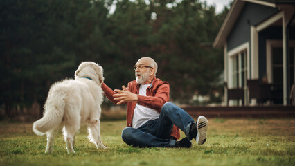 Portrait of a Happy Adult Man Enjoying Time Outdoors with a Pet Golden Retriever, Petting a Playful Dog. Cheerful Senior Male Enjoying Leisure Time in a Garden Lawn in Front of the House.