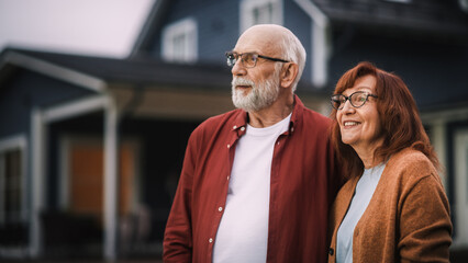 Cheerful Old Couple Standing Outdoors in Their Suburbs Area Home, Embracing Each Other. Adults in...