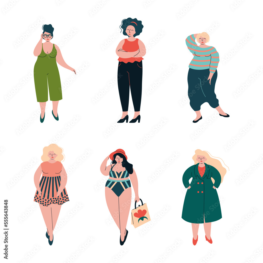 Wall mural beautiful plus size woman with curvy body in fashionable clothes vector set