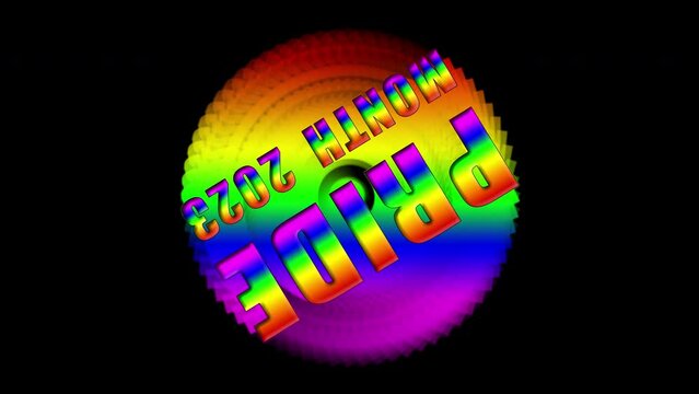 Animation of Pride month 2023 logo with rainbow flag isolated by the alpha channel.text rotates with blur effect.gay pride flag.Lesbian, gay, bisexual, transgender,and queer.Lgbtq
