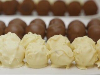 handmade pralines from chocolate on display