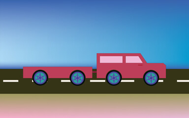 Fototapeta premium red deer car with pickup truck on urban highway