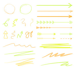 Abstract arrows. Colored infographic elements isolated on white. Set of different indicator signs. Tangled hand drawn simple pointers. Line art