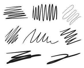 Hand drawn lettering underlines on white. Abstract backgrounds with array of lines. Stroke chaotic patterns. Black and white illustration. Sketchy elements for posters and flyers