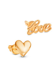 isolated on white background jewelry gold earrings stud with heart LOVE and shadow.