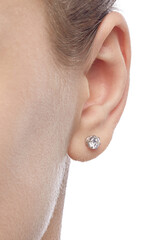 isolated on white background jewelry gold and silver stud earrings with shadow. Dressed on the ears of a girl model.
