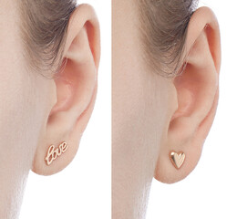 isolated on white background jewelry gold earrings stud with heart LOVE and shadow. On the arm and ears of a female model.