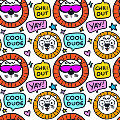 Hand drawn funny lion doodle with bubble speech doodle illustration seamless pattern