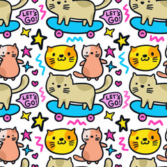 Hand drawn cute little cats playing skateboard doodle illustration seamless pattern