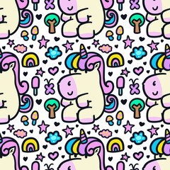 Hand drawn cute little chubby unicorn cartoon doodle illustration seamless pattern
