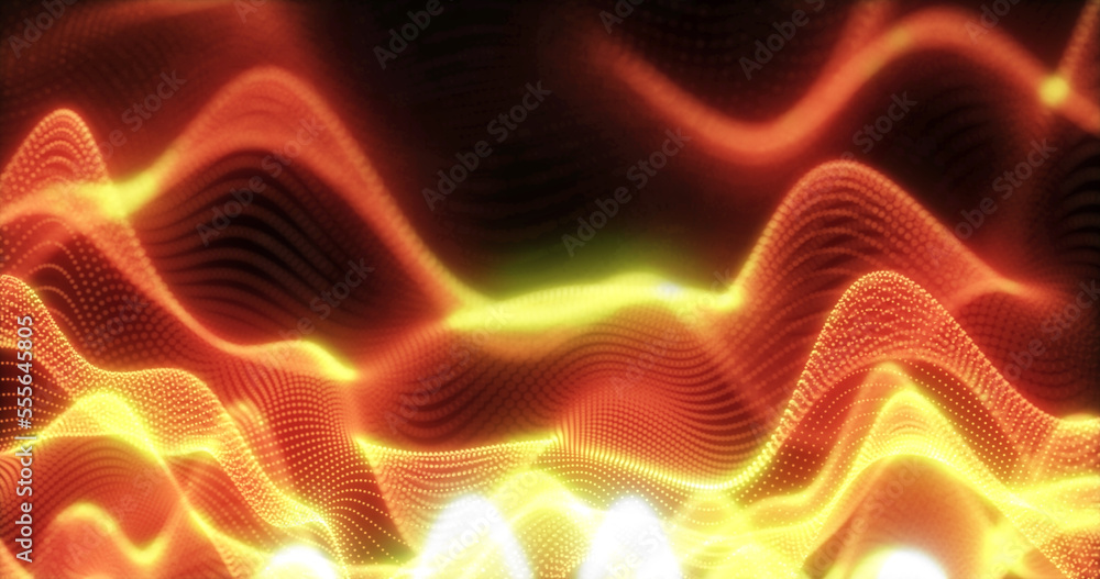 Poster abstract background of orange fiery futuristic glowing waves from particles of points and lines of e