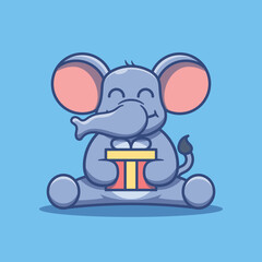 Cute cartoon elephant character holding a gift vector illustration