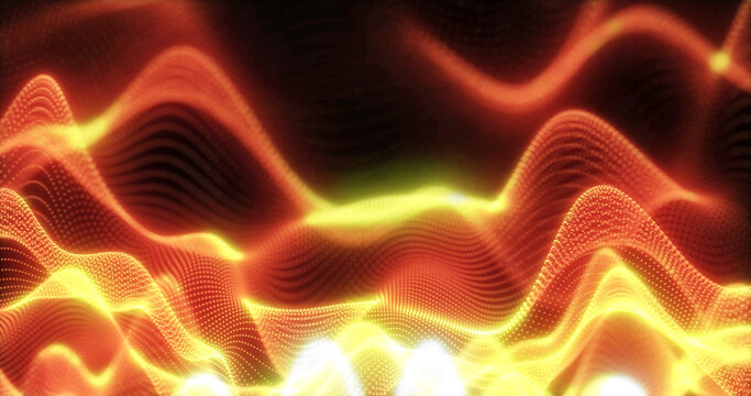 Abstract background of orange fiery futuristic glowing waves from particles of points and lines of energy and magic on a black background. Screensaver