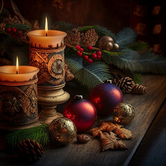 Christmas ornaments on a wooden table