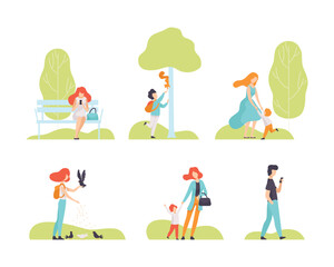 People Characters Resting in Park Having Weekend Vector Set.