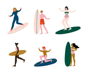 People Surfer with Surfboard Riding on Moving Wave Vector Set