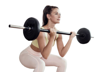 Fitness trainer woman exercise barbell transparent background