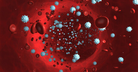 Infected Human Body. Viruses Flowing Inside Of Human Vein. Science And Health Related 3D Illustration Render.