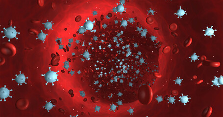 Virus Inside Of Human Blood Stream. Infected Body. Pandemic Disease. Science And Health Related 3D Illustration Render.
