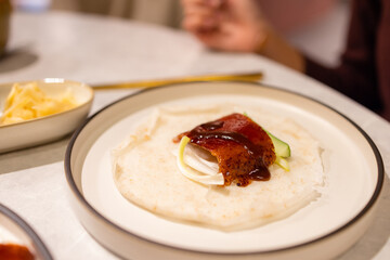 Roasted peking duck dish in restaurant