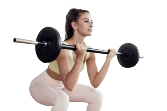Fitness trainer woman exercise barbell transparent background