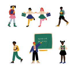 Teen Boy and Girl Going to School and Having Lesson Vector Set