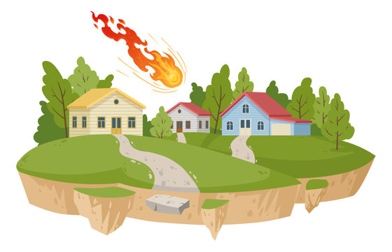 Volcano eruption, fireballs natural disaster. Cartoon environmental damage, fireballs extreme cataclysm disaster flat vector illustration on white background