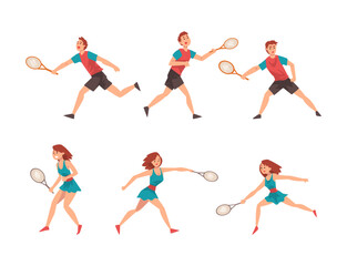 Fototapeta na wymiar Man and Woman Character Playing Tennis as Racket Sport on Court Vector Set
