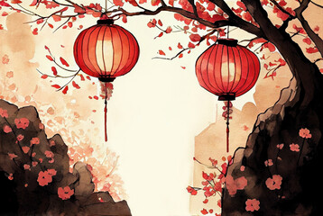 Traditional watercolor illustration with copy space, Asian painting sumi-e with red paper lanterns and blooming tree in flowers generative AI art	