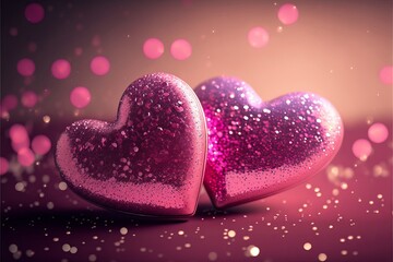 Obraz premium Two hearts on pink glitter in shiny background. Generative AI