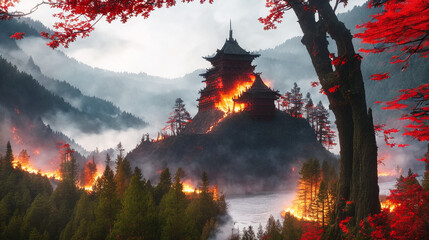 evening landscape with a burning samurai japan castle on a mountain at dusk with much fire and smoke in the air, generative AI