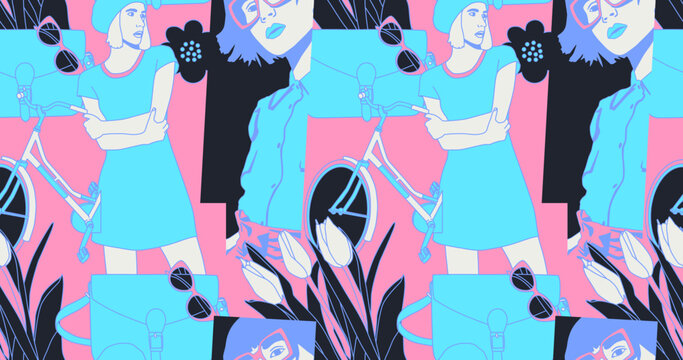 Fashion minimal illustration stylish  paris Lady trippy seamless pattern design