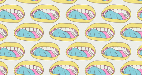 Fashion minimal illustration trippy absurd seamless pattern licking mouth retro style back in 90s