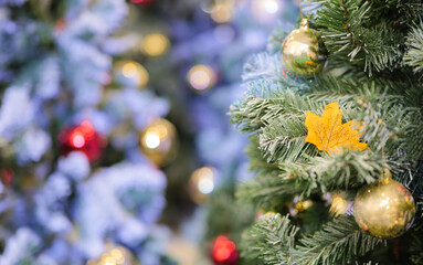 Close-up shot focus on yellow leaves from a decorated Christmas tree. Retro filter effect. Christmas tree and Christmas decorations. red bauble, gold bauble,