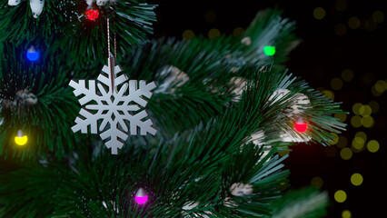 Obraz na płótnie Canvas Render of a Christmas tree with lanterns and a snowflake. Year of the rabbit according to the Chinese calendar. Chinese New Year. Silver snowflacke on the tree. Background for Christmas and New Year.